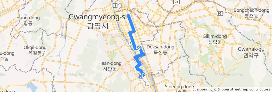 Mapa del recorrido 금천05 (가산디지털단지역 방면) de la línea  en Korea Selatan.