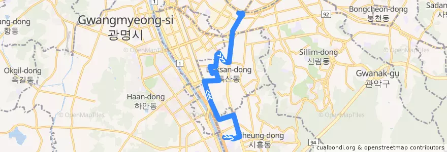 Mapa del recorrido 서울 버스 금천06 (구로디지털단지역 방면) de la línea  en 금천구.