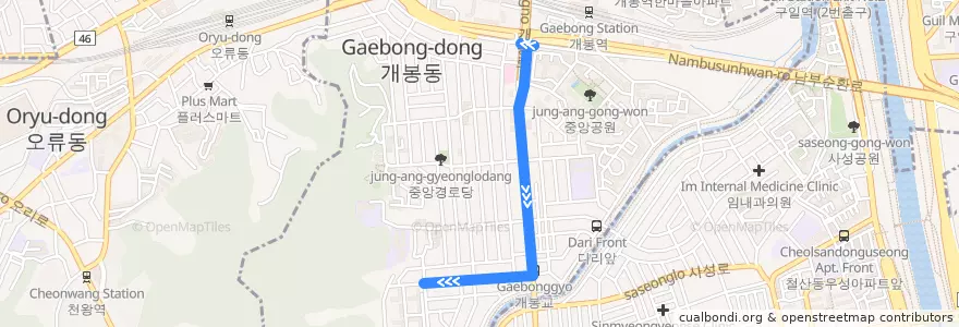 Mapa del recorrido 구로03 de la línea  en 九老区.
