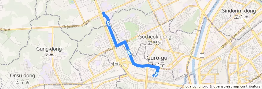 Mapa del recorrido 구로01 de la línea  en 九老區.