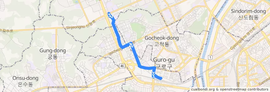 Mapa del recorrido 구로01 de la línea  en 구로구.