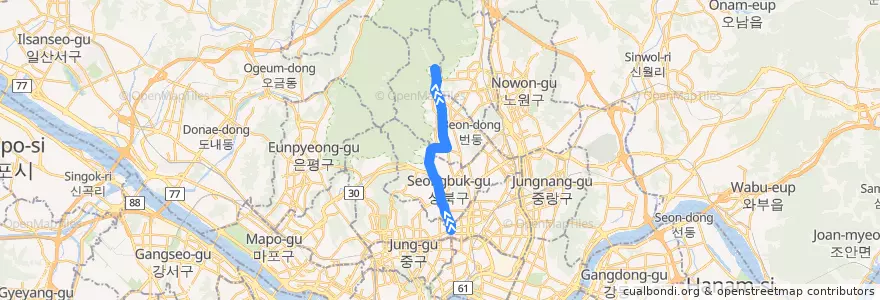 Mapa del recorrido 서울 경전철 우이신설선: 신설동 → 북한산우이 de la línea  en 서울.