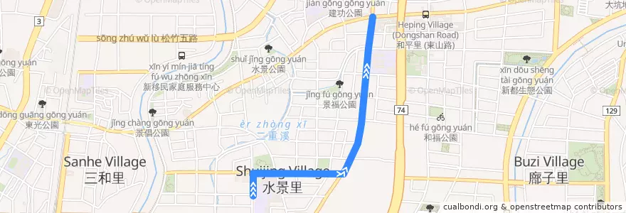 Mapa del recorrido 21路 (繞駛東山高中_往程) de la línea  en 北屯區.