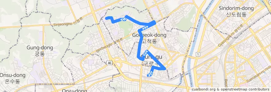 Mapa del recorrido 구로05 de la línea  en 九老区.