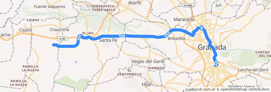 Mapa del recorrido Bus 0245: Granada → Aeropuerto de la línea  en Comarca de la Vega de Granada.