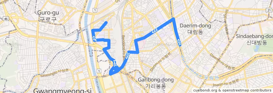 Mapa del recorrido 구로10 (구일역 방면) de la línea  en 서울.