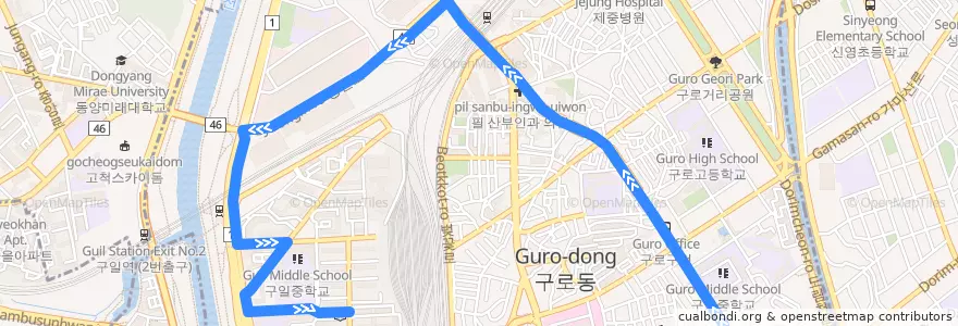 Mapa del recorrido 구로13 de la línea  en 九老区.