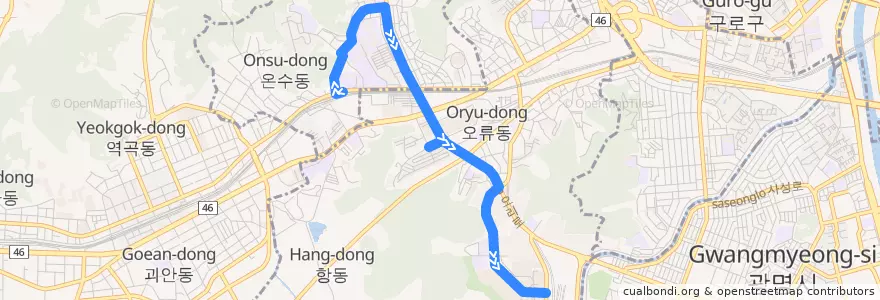 Mapa del recorrido 구로14 de la línea  en 구로구.