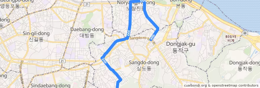 Mapa del recorrido 동작11 de la línea  en 동작구.