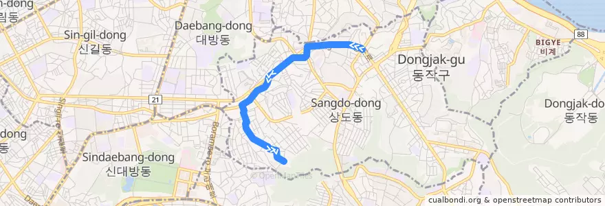 Mapa del recorrido 동작02 de la línea  en 銅雀区.