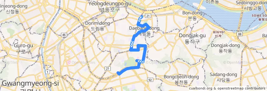 Mapa del recorrido 동작05-1 de la línea  en 銅雀区.