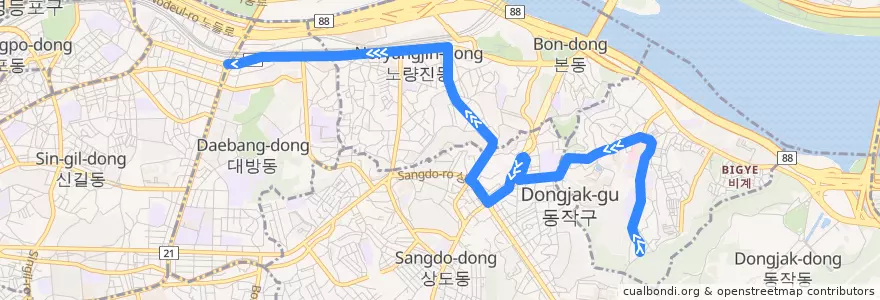 Mapa del recorrido 동작01 de la línea  en 동작구.