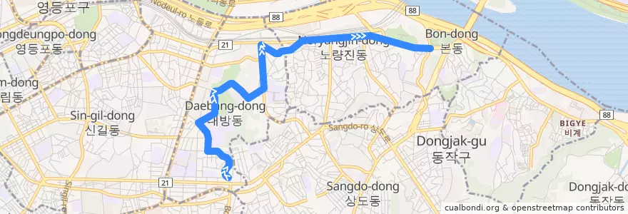 Mapa del recorrido 동작03 (노들역 방면) de la línea  en سئول.