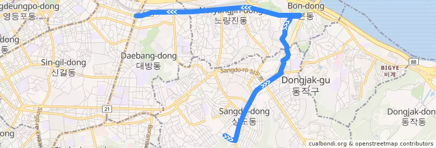Mapa del recorrido 동작08 (대방역 방면) de la línea  en سول.