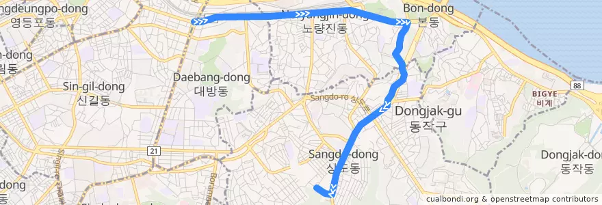 Mapa del recorrido 동작08 (상도동 방면) de la línea  en ソウル.