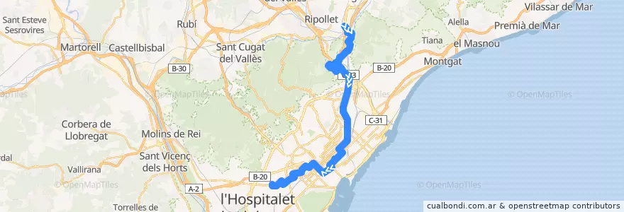 Mapa del recorrido N3 Montcada i Reixac ( Rambla Països Catalans ) => Barcelona (Pl Catalunya-Collblanc) de la línea  en Barcelona.