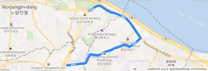 Mapa del recorrido 동작10 de la línea  en ソウル.
