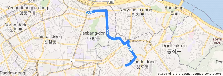 Mapa del recorrido 동작12 de la línea  en 銅雀區.