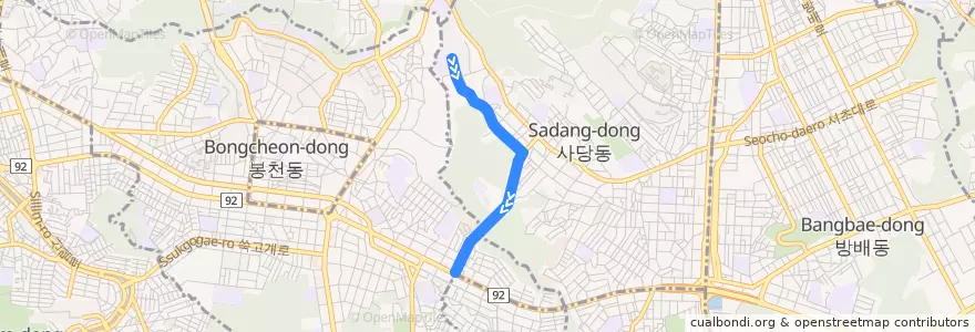 Mapa del recorrido 동작20 (낙성대역 방면) de la línea  en 관악구.