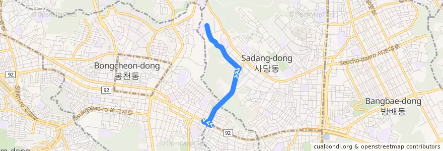 Mapa del recorrido 동작20 (사당자이아파트 방면) de la línea  en 관악구.