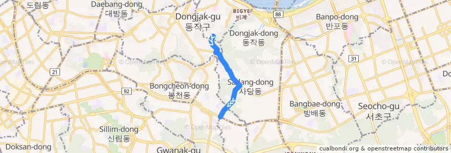 Mapa del recorrido 동작14 (사랑의병원(낙성대역) 방면) de la línea  en 서울.