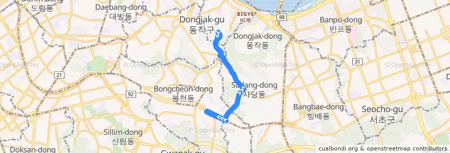 Mapa del recorrido 동작14 (달마사(흑석동) 방면) de la línea  en ソウル.