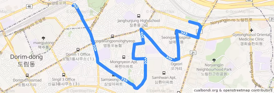 Mapa del recorrido 영등포06 de la línea  en 영등포구.