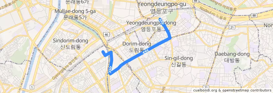 Mapa del recorrido 영등포09 de la línea  en 영등포구.
