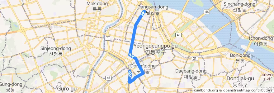 Mapa del recorrido 영등포12 de la línea  en 永登浦區.