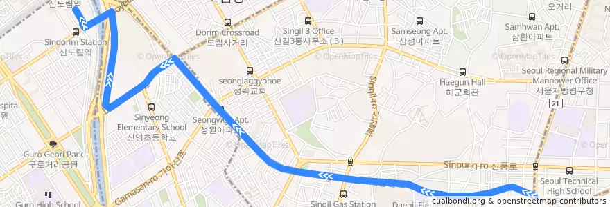 Mapa del recorrido 서울 버스 영등포13 de la línea  en 영등포구.