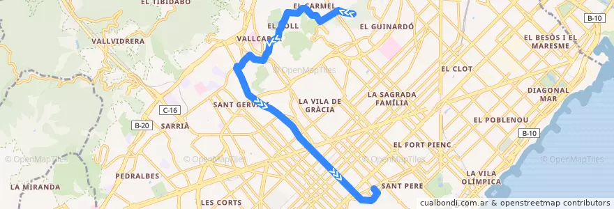 Mapa del recorrido N5 Carmel/Gran Vista => Pl. Catalunya de la línea  en Барселона.