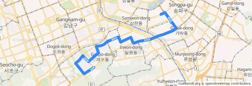 Mapa del recorrido 강남05 (석촌역 방면) de la línea  en Сеул.