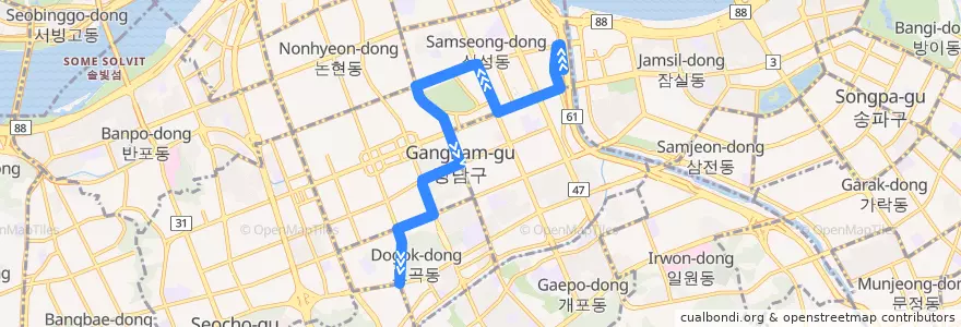 Mapa del recorrido 강남07 (양재역 방면) de la línea  en 강남구.