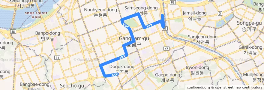 Mapa del recorrido 강남07 (서울의료원(삼성역) 방면) de la línea  en Gangnam-gu.