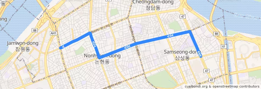 Mapa del recorrido 강남08 de la línea  en 강남구.
