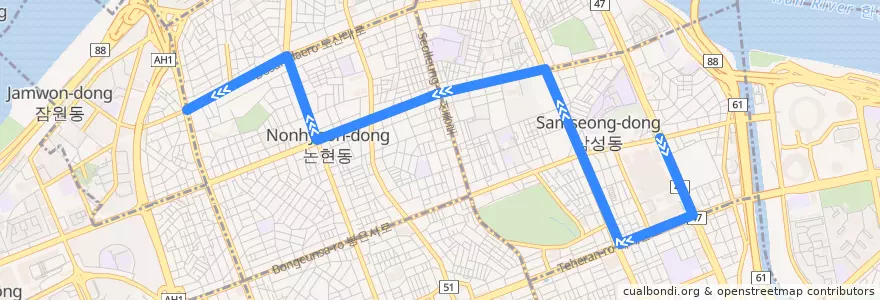 Mapa del recorrido 강남08 de la línea  en 강남구.