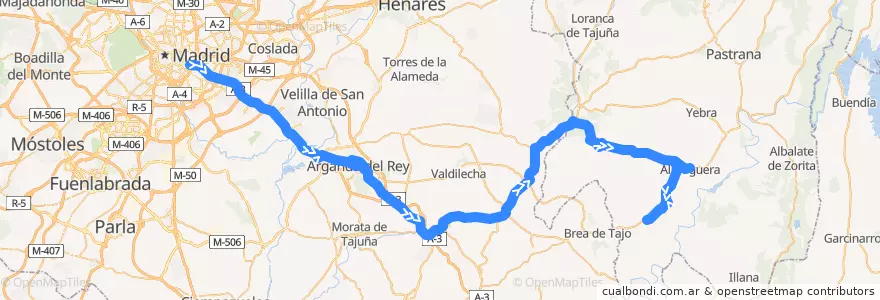 Mapa del recorrido 326: Madrid - Mondéjar - Diebres de la línea  en Espanha.