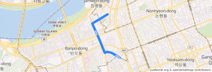 Mapa del recorrido 서초01 de la línea  en 瑞草区.