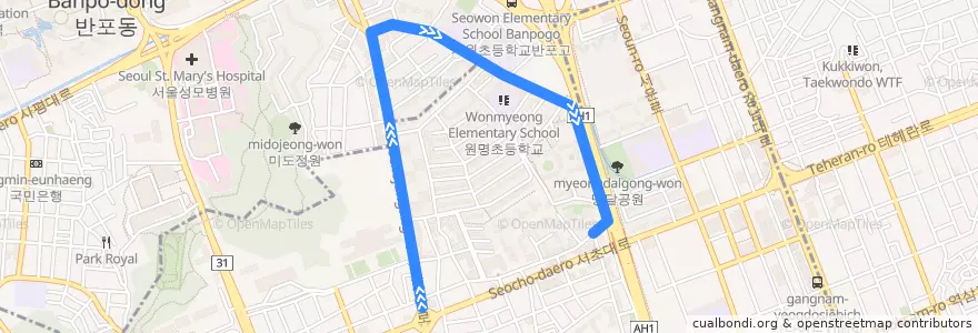 Mapa del recorrido 서초02 de la línea  en 瑞草区.
