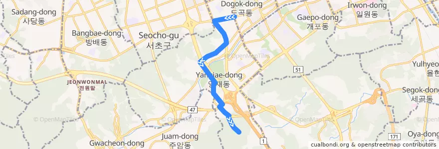 Mapa del recorrido 서초08 (양재역 방면) de la línea  en 서초구.
