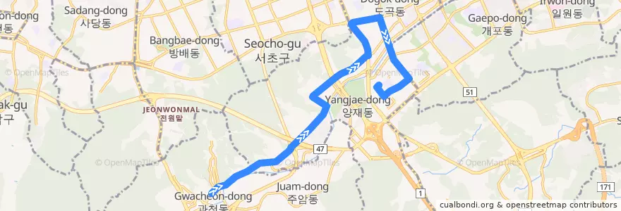 Mapa del recorrido 서초18 (양재근린공원 행) de la línea  en Сеул.