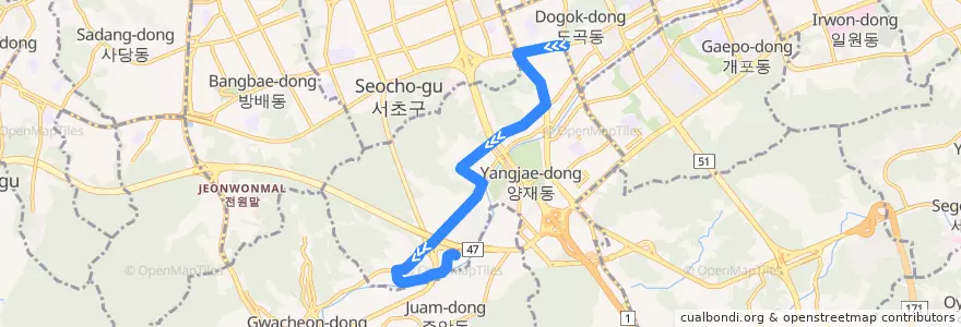 Mapa del recorrido 서초18-1 (서초보금자리5단지 행) de la línea  en Seoul.