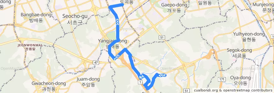 Mapa del recorrido 서초20 (양재역 방면) de la línea  en 서초구.
