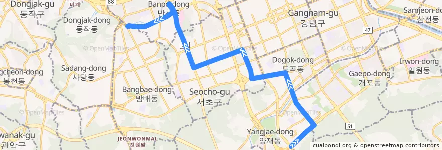 Mapa del recorrido 서초21 (이수동 방면) de la línea  en Seúl.