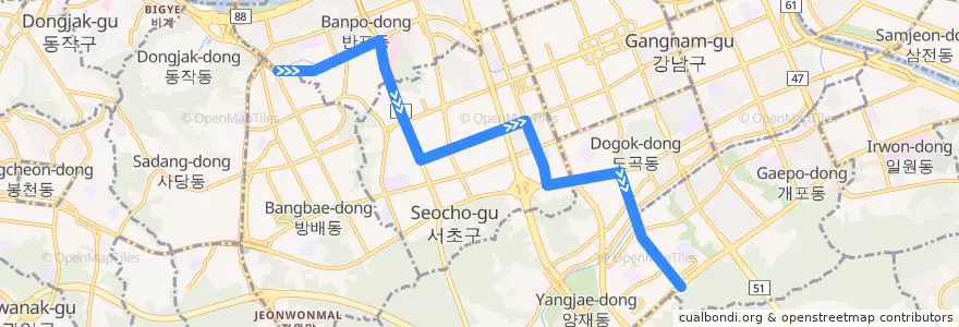 Mapa del recorrido 서초21 (양재IC 방면) de la línea  en 서울.