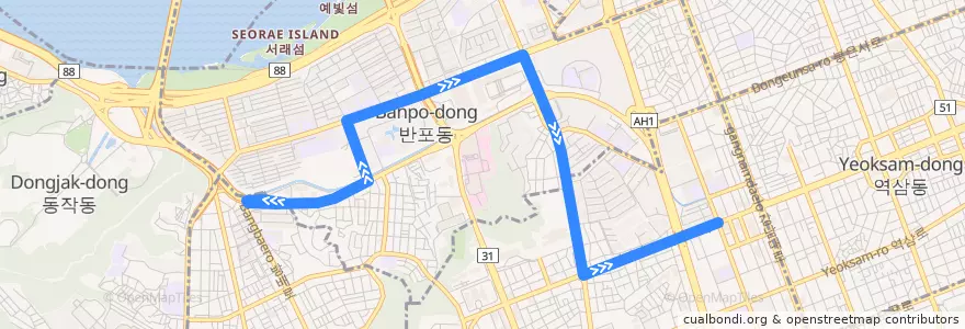 Mapa del recorrido 서초10 de la línea  en 서초구.