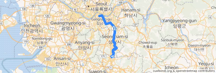 Mapa del recorrido 9407 de la línea  en 대한민국.
