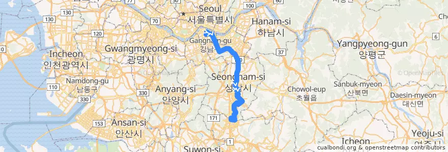 Mapa del recorrido 9407 de la línea  en کره جنوبی.