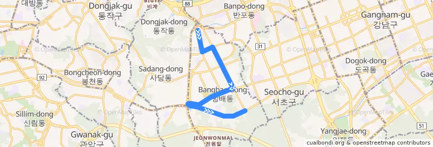 Mapa del recorrido 서초15 (롯데캐슬헤론아파트 방면) de la línea  en 방배동.