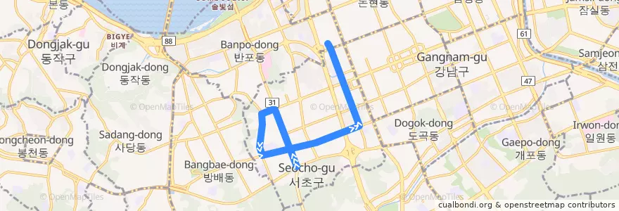 Mapa del recorrido 서초11 (예술의전당 방면) de la línea  en 서초동.